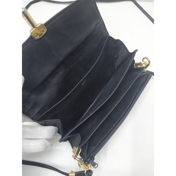 HCL Black Leather Pushlock Flap Closure Small Crossbody Bag - Vintage - Picture 12 of 16